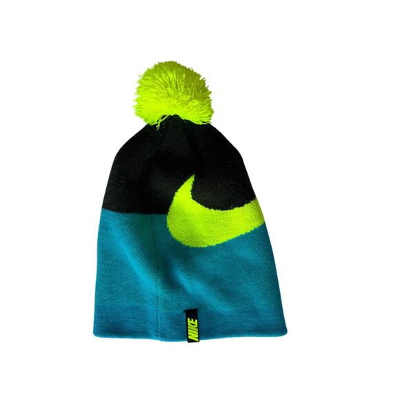 Nike Youth Pom Beanie Hat Blue Black Neon Green Swoosh Winter Knit - Picture 1 of 3